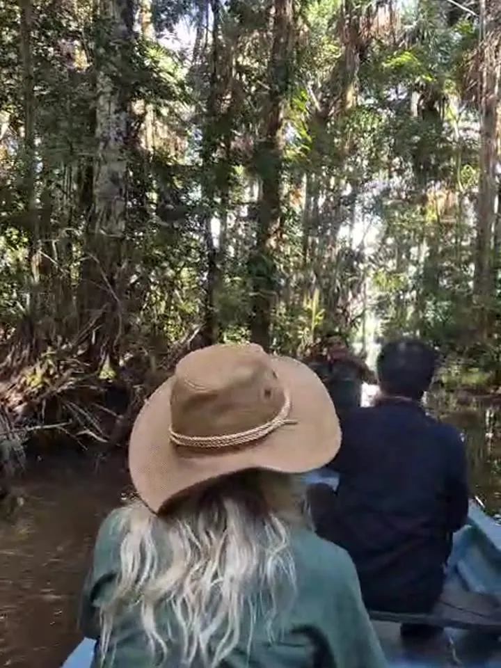 Canoe gliding through a channel in Yasuní's flooded forest