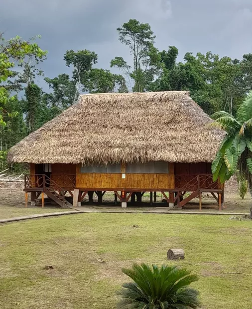 Thatched cabin on stilts on a green lawn